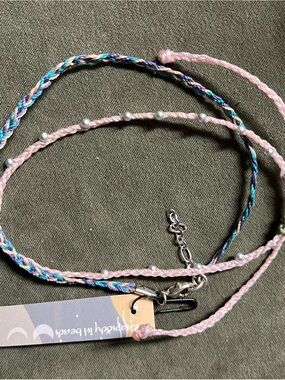 Beaded Braided Layered ankle bracelets Pink & Blue